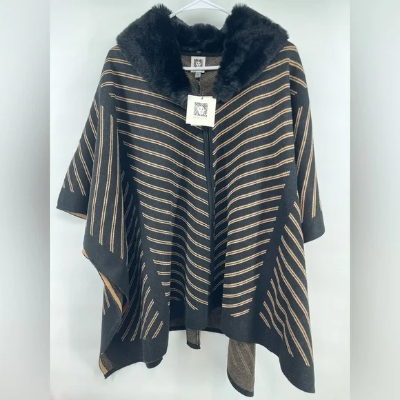 Anne Klein NWT Black Coffee Striped Women's Sweater Poncho Coat Oversized Sm - Picture 2 of 10